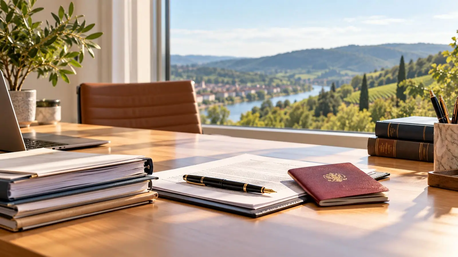 Bureau avec dossiers, stylo-plume et passeport devant une fenêtre donnant sur la vallée du Neckar