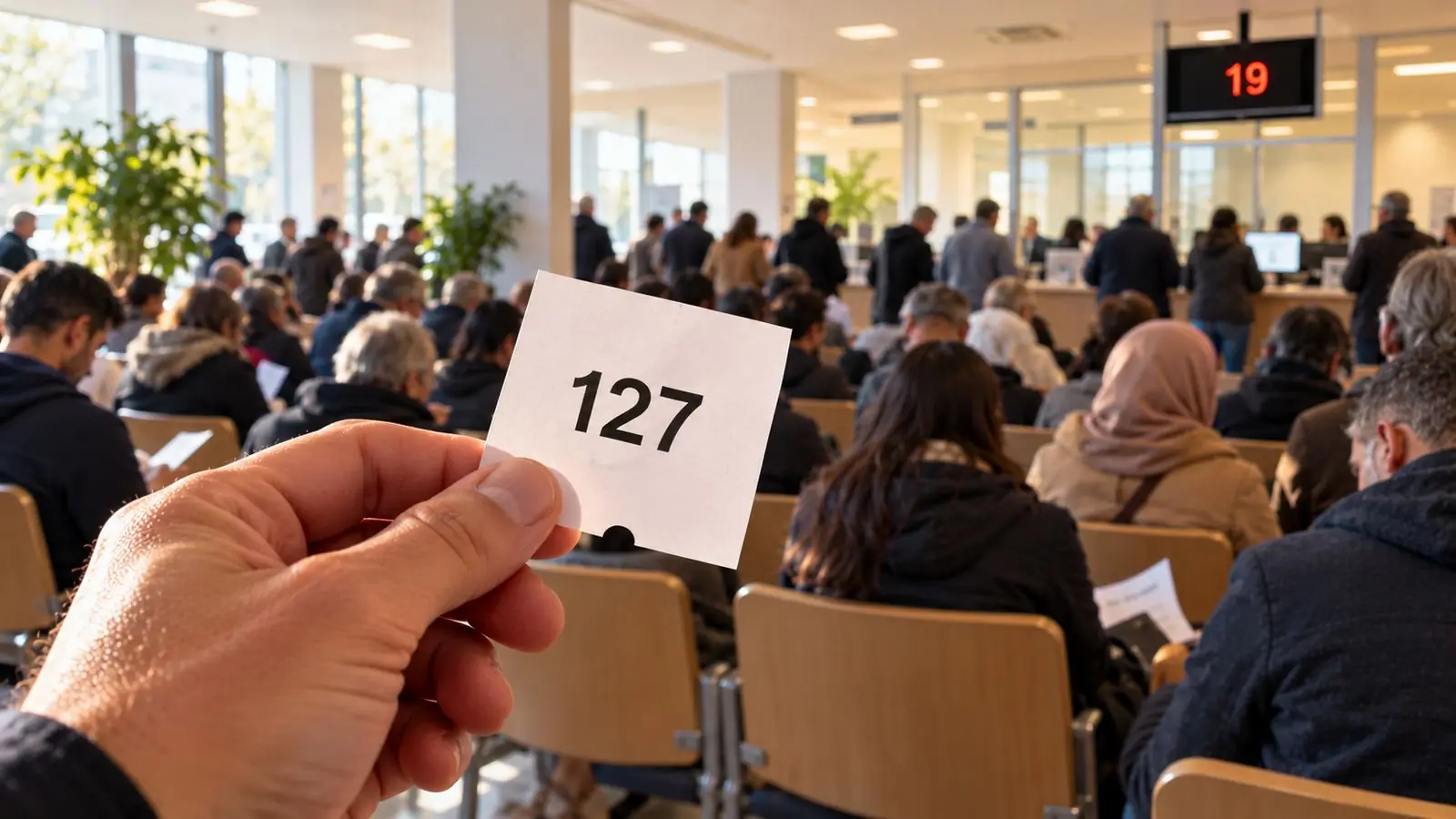 Main tenant un ticket d'attente dans une salle d'attente bondée d'une administration